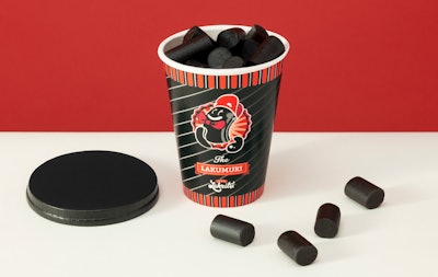 Kouvolan Lakritsi, a family-run confectionery known for its traditionally cooked licorice, has unveiled a new recyclable and reclosable paper cup for retail. Image courtesy of Metsä Group.