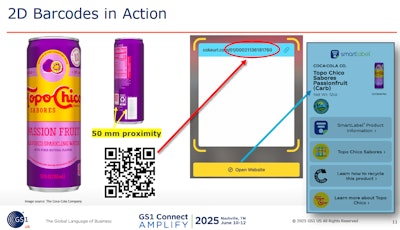Coca-Cola’s Topo Chico Sabores Passionfruit can serves as a real-world example of a dual-function 2D barcode: embedded with GS1 Digital Link standards for retail scanning and SmartLabel access, and positioned 50 mm from the 1D UPC to avoid double scans.