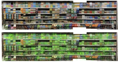 The study took place at Ray’s Wine & Spirits in Wauwatosa, Wis., where participants shopped for craft beer. Four-hundred seventy four different products from 124 craft beer brands were tested. Participants wore eye tracking tech to measure which designs grabbed attention, and which didn’t. Above (top) is one of two beer walls. A heat map (bottom) shows which products shoppers’ eyes lingered on.