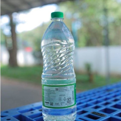 The water bottle is fully biodegradable, including caps and labels.