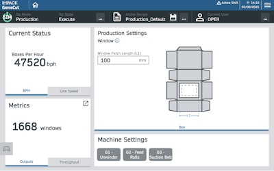 The standardized home screen of Impack’s app user interface, shown here configured for a GenieCut, presents real-time production metrics, quick access to machine controls, and key production settings—all within a clean, ergonomic layout designed to empower operators with precision and performance insights.