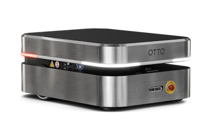 Stainless steel OTTO autonomous mobile robot with red indicator light