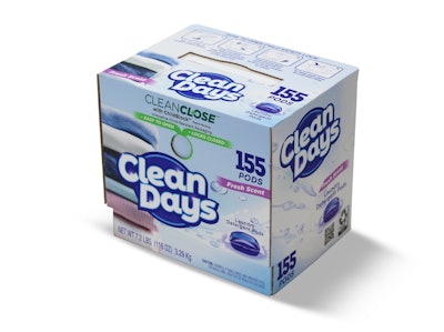 CleanClose paperboard carton with ChildBlock child-resistant closure, designed for large-count laundry pods in club-store channels.