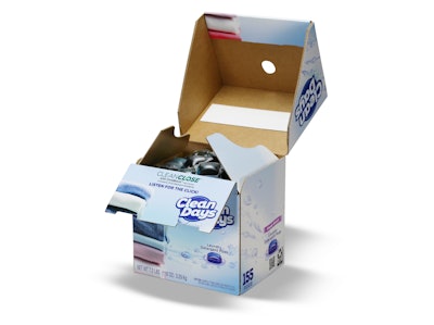 Interior view of the CleanClose carton showing the specialty fold-and-glue structure and audible “click” closure for child resistance.