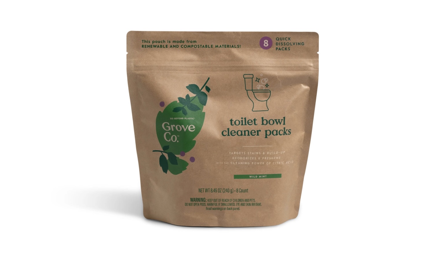 The cleaner sachets are packed in a home-compostable pouch that combines FSC paper, cellulose, and a biopolymer film. The compostable zipper is made from PLA.