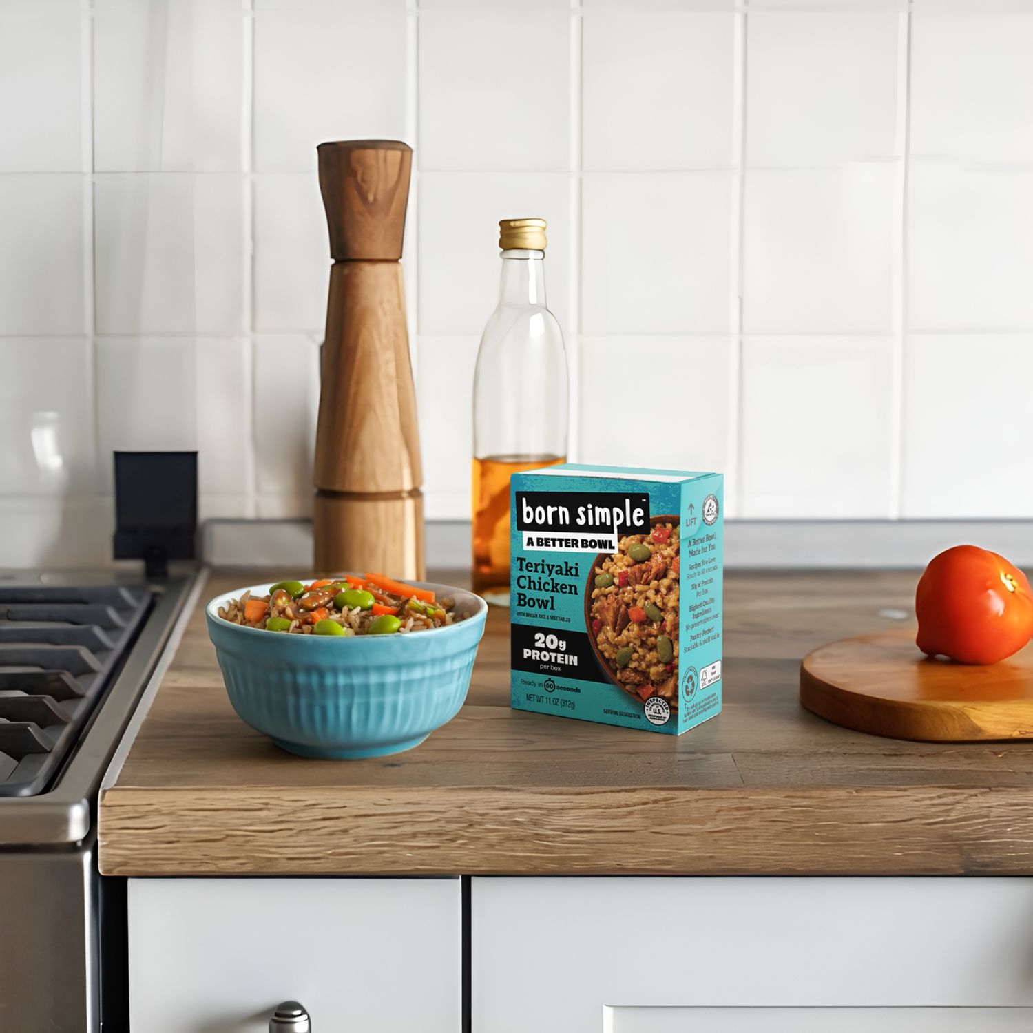 Born Simple&rsquo;s Terriyaki Chicken Bowl is packaged in a six-layer Tetra Pak retortable carton: four polypropylene layers, one aluminum barrier, and paperboard making up nearly 70% of the structure.