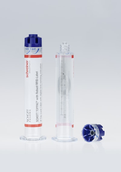 The Cap-Lock Label from Schreiner MediPharm wraps around the syringe and cap, irreversibly indicates first opening, and offers digital first-opening indication through an integrated RFID chip.