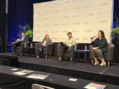 (from lef) panelist Jeff Fielkow, CEO, Circular Action Alliance (CAA); panelist Lynn Dyer, Executive Director, AMERIPEN; panelist Scott Byrne, Vice President, Global Sustainability, Office of Legal and Compliance, Sonoco; and moderator Shannon Crawford Gay, Director of Recycling & Environmental Policy, WM [Waste Management].