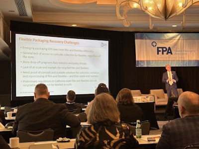 Dan Felton, FPA president and CEO, outlines the recovery challenges facing flexible packaging&mdash;including limited curbside access and lack of end markets&mdash;during the association&rsquo;s 2025 State of the Industry presentation.