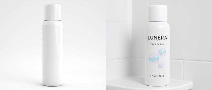 From plain pack stock image (left) to a (hypothetical) branded prototype, shown in context on a shower shelf (right), AI artwork and context images now take minutes, not weeks.