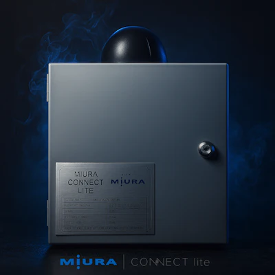 Miura Connect Lite device with metallic panel against dark smoky blue background