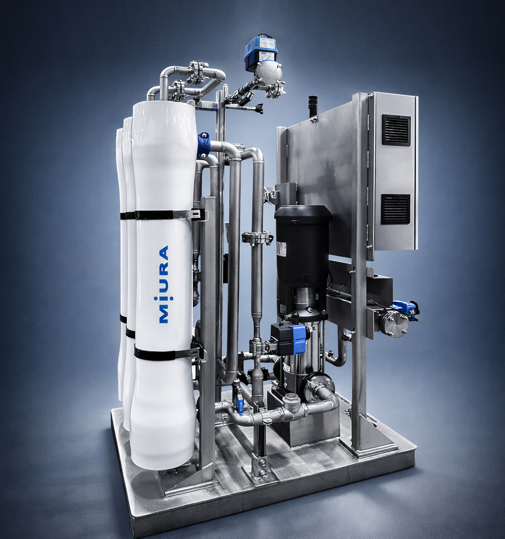 Industrial water treatment system with white Miura tank and complex metal piping