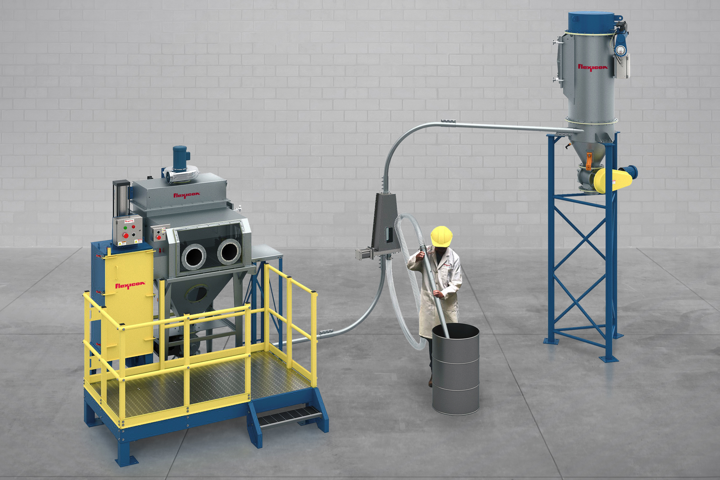 Industrial material handling system with processing equipment and worker in safety gear