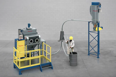 Industrial material handling system with processing equipment and worker in safety gear