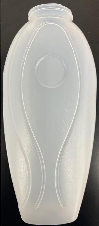 ISBM-molded HDPE/COC bottle (8–12% high-Tg COC) achieving 30% weight reduction. The bottle exhibits a uniform thin-wall structure and opaque appearance without added pigment, resulting from the fibrous distribution of high-Tg COC within the HDPE matrix under biaxial orientation.