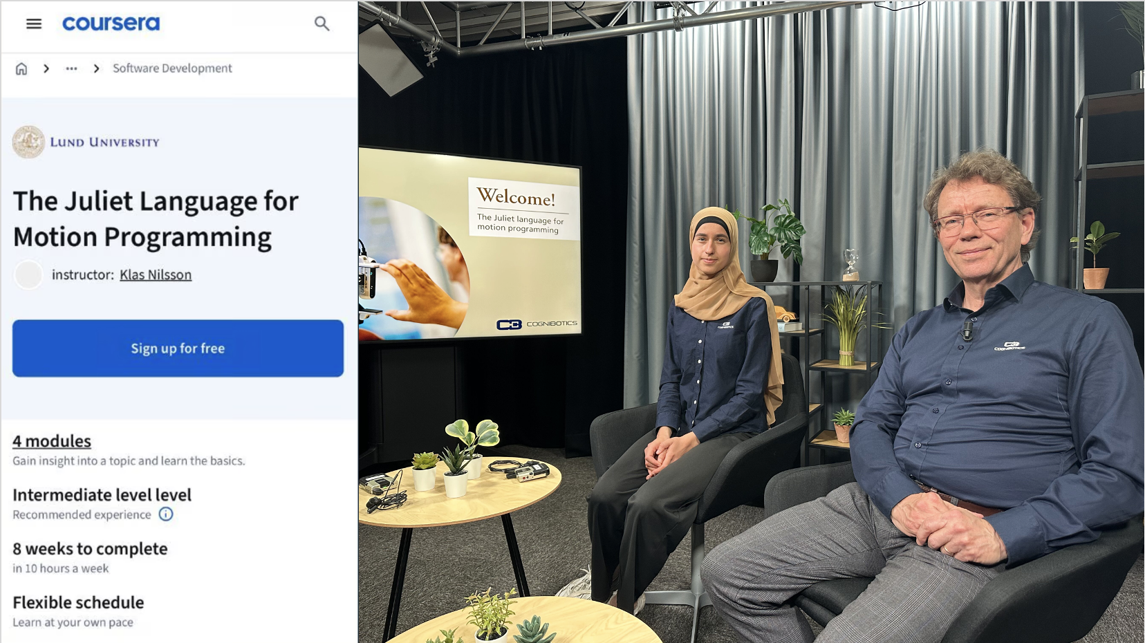 Lund University and Cognibotics' 'The Juliet Language for Motion Programming' course teaches motion programming for industrial settings. Its teachers, including Amina Gojak (left), Klas Nilsson (right), Philip Olhager, and Sandra Collin, pull from their expertise in Juliet and other motion programming languages, with an emphasis on safety and effectiveness in practical applications.