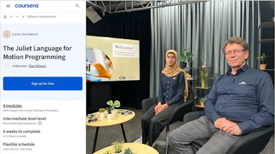 Lund University and Cognibotics' 'The Juliet Language for Motion Programming' course teaches motion programming for industrial settings. Its teachers, including Amina Gojak (left), Klas Nilsson (right), Philip Olhager, and Sandra Collin, pull from their expertise in Juliet and other motion programming languages, with an emphasis on safety and effectiveness in practical applications.