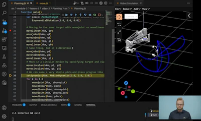 Instructors walk students through coding exercises to understand concepts like motion planning.
