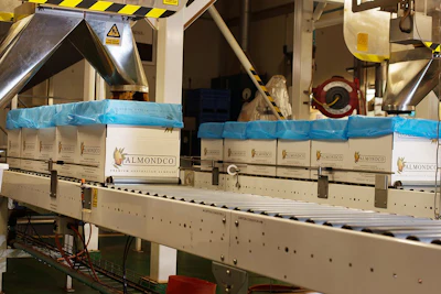 Almondco branded boxes on industrial conveyor belt in processing facility