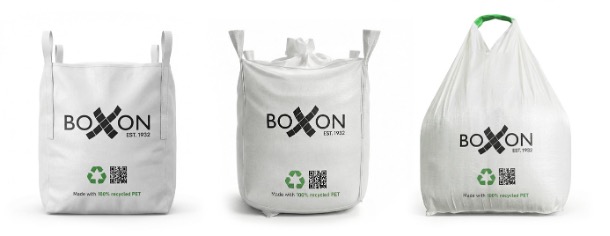 BOXXON branded bulk bags in white with black logo and green recycling symbol, three different styles shown