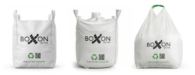 BOXXON branded bulk bags in white with black logo and green recycling symbol, three different styles shown
