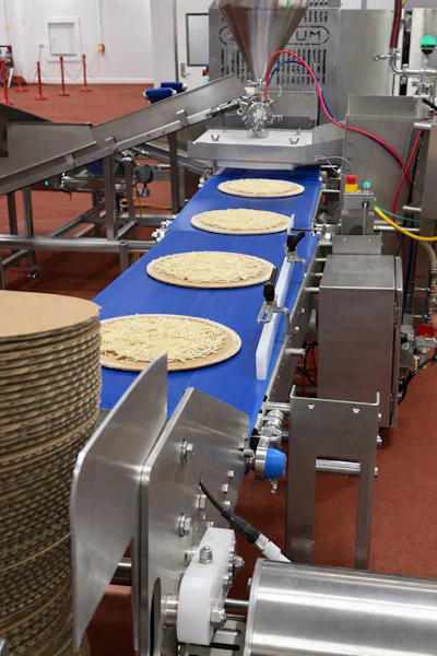 The pizza line is capable of quickly producing pizzas with a wide variety of toppings.