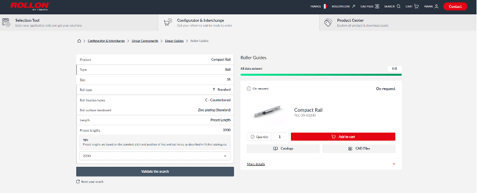 The range of roller guides is now available on the Configurator tool within myRollon.