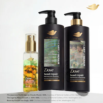 Dove’s limited-edition Art of Repair collection features black, 100% PCR bottles designed as a gallery-like backdrop for iconic artworks, alongside a serum that showcases imagery through a reverse-label design.
