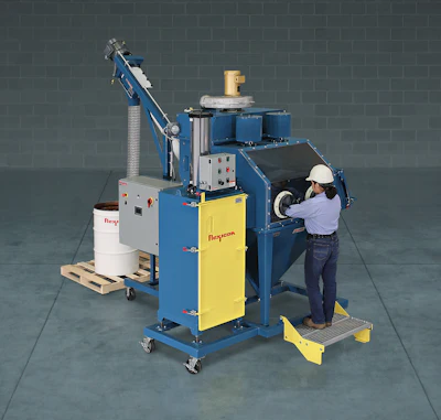 Industrial wire stripping machine with blue frame and yellow panels, operated by worker wearing hard hat and safety gear