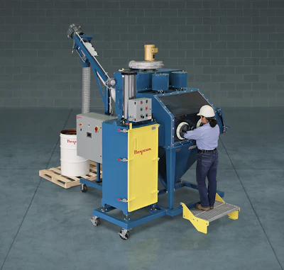 Industrial wire stripping machine with blue frame and yellow panels, operated by worker wearing hard hat and safety gear