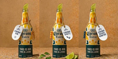 The design references Rio’s beachfront culture and is intended to function both as beverage packaging and as a collectible souvenir linked to Rio.