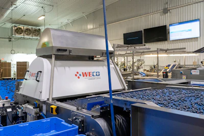 Hourglass-shaped rollers rotate and present blueberries to the 360Tek’s digital color cameras. Machine-learning algorithms evaluate each object before air nozzles divert selected fruit or material.