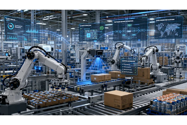 An AI-generated, conceptual image showing AI-enabled robotics, machine vision, and connected automation systems in a manufacturing environment.