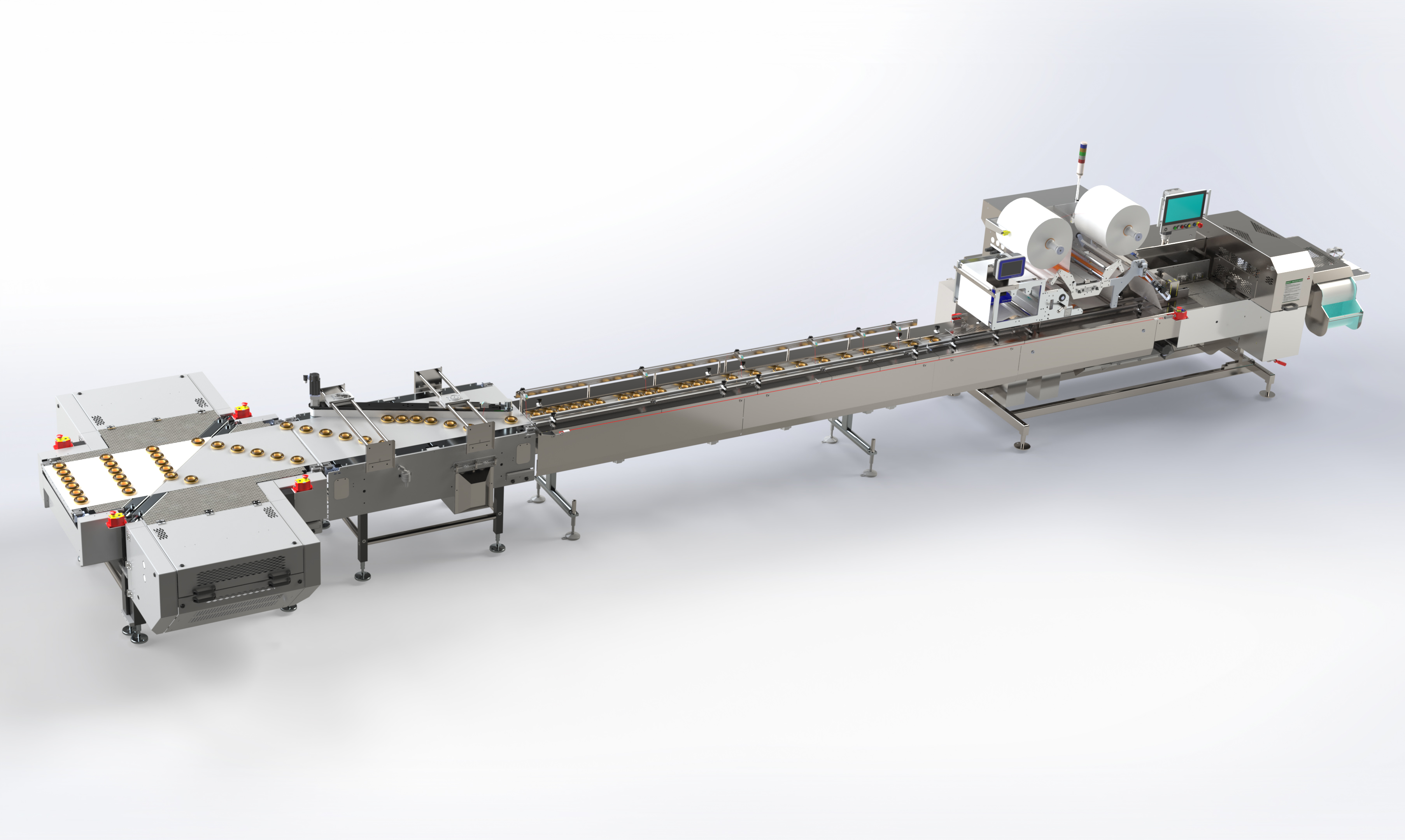 Automated industrial labeling and packaging machine with conveyor system and control panel
