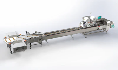 Automated industrial labeling and packaging machine with conveyor system and control panel