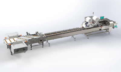 Automated industrial labeling and packaging machine with conveyor system and control panel
