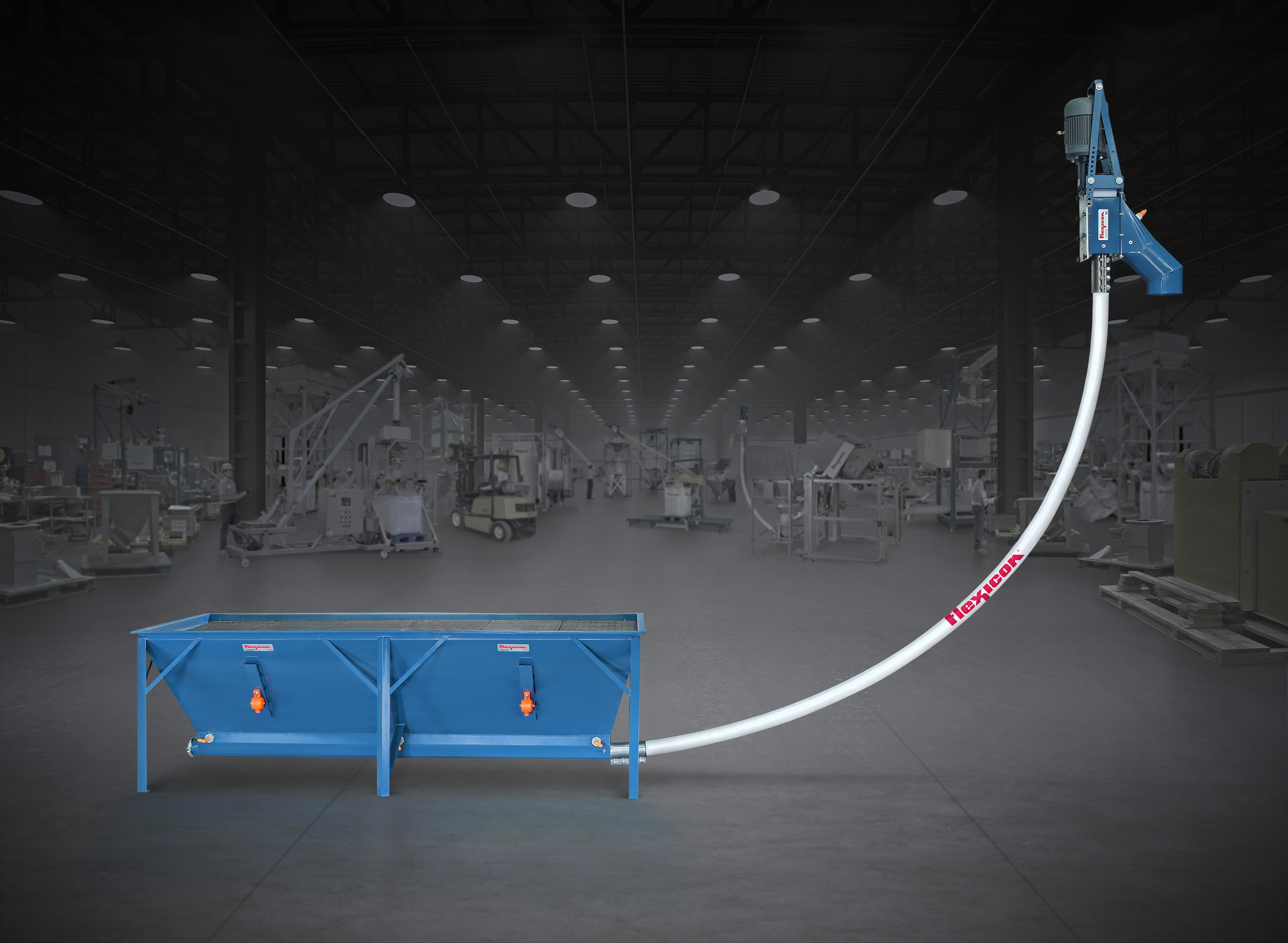 Industrial dust collection system with blue workstation table and overhead pneumatic arm in warehouse facility