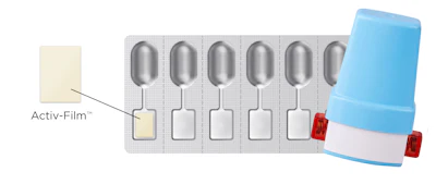 Activ-Film medication blister pack with capsules and blue inhaler device