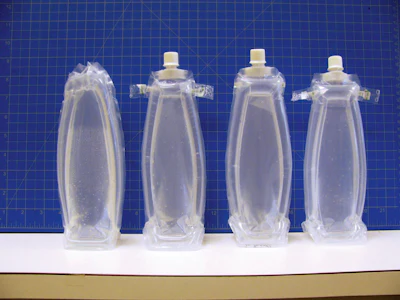 Early development prototypes show the AeroFlexx air frame, in which pressurized chambers create rigidity in selected areas of the package while other areas remain flexible enough to squeeze.
