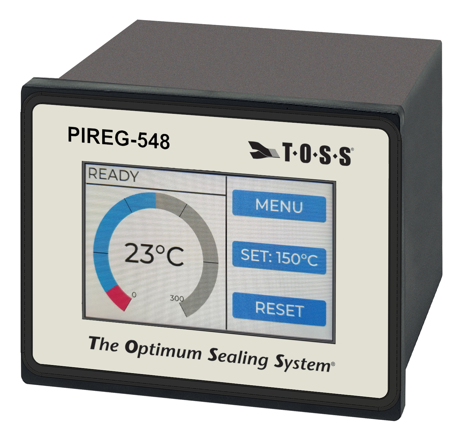 The PIREG-548 temperature control device with digital display showing 23°C current temperature and 150°C setpoint.