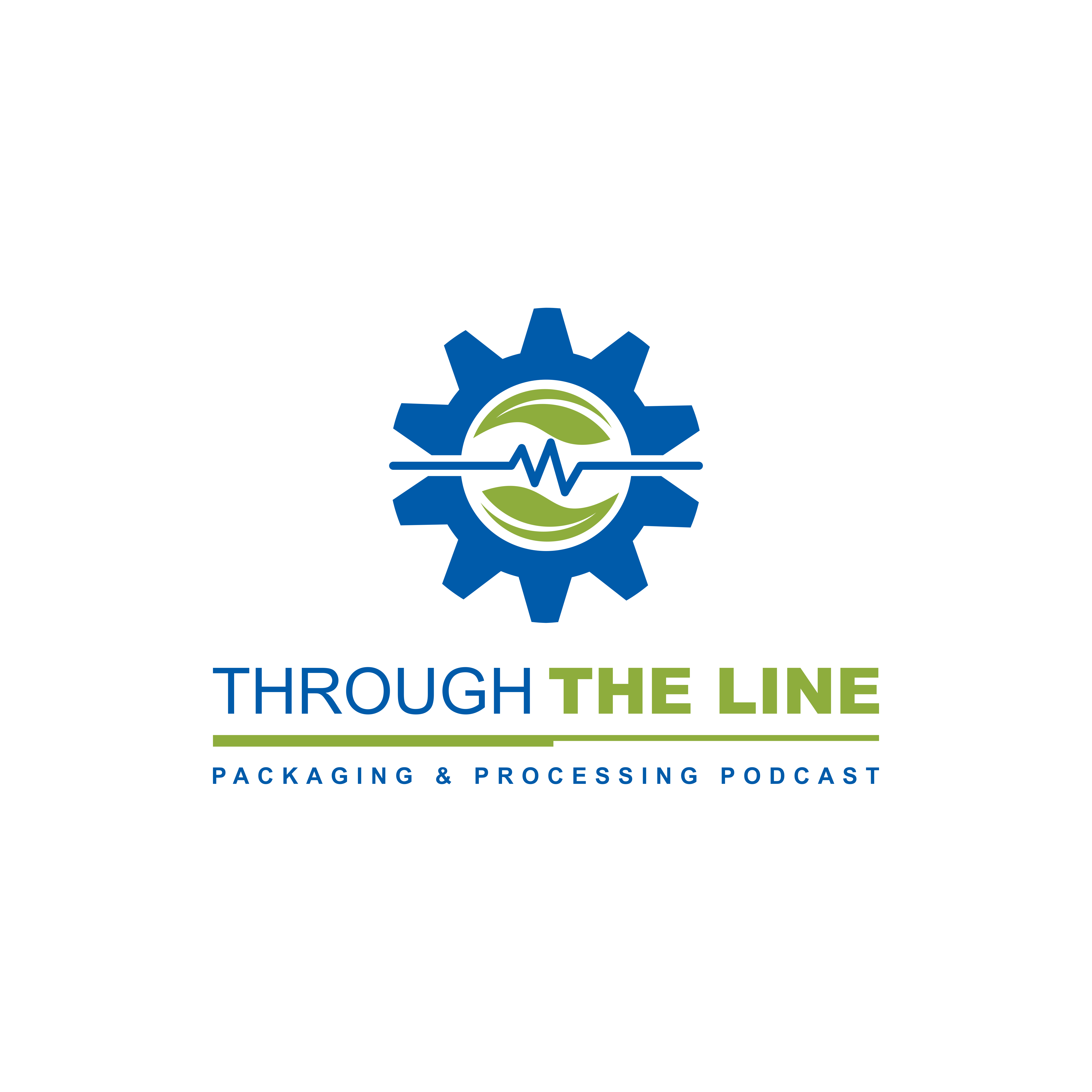 Through The Line Packaging & Processing Podcast logo featuring a blue gear with green leaf and heartbeat symbol
