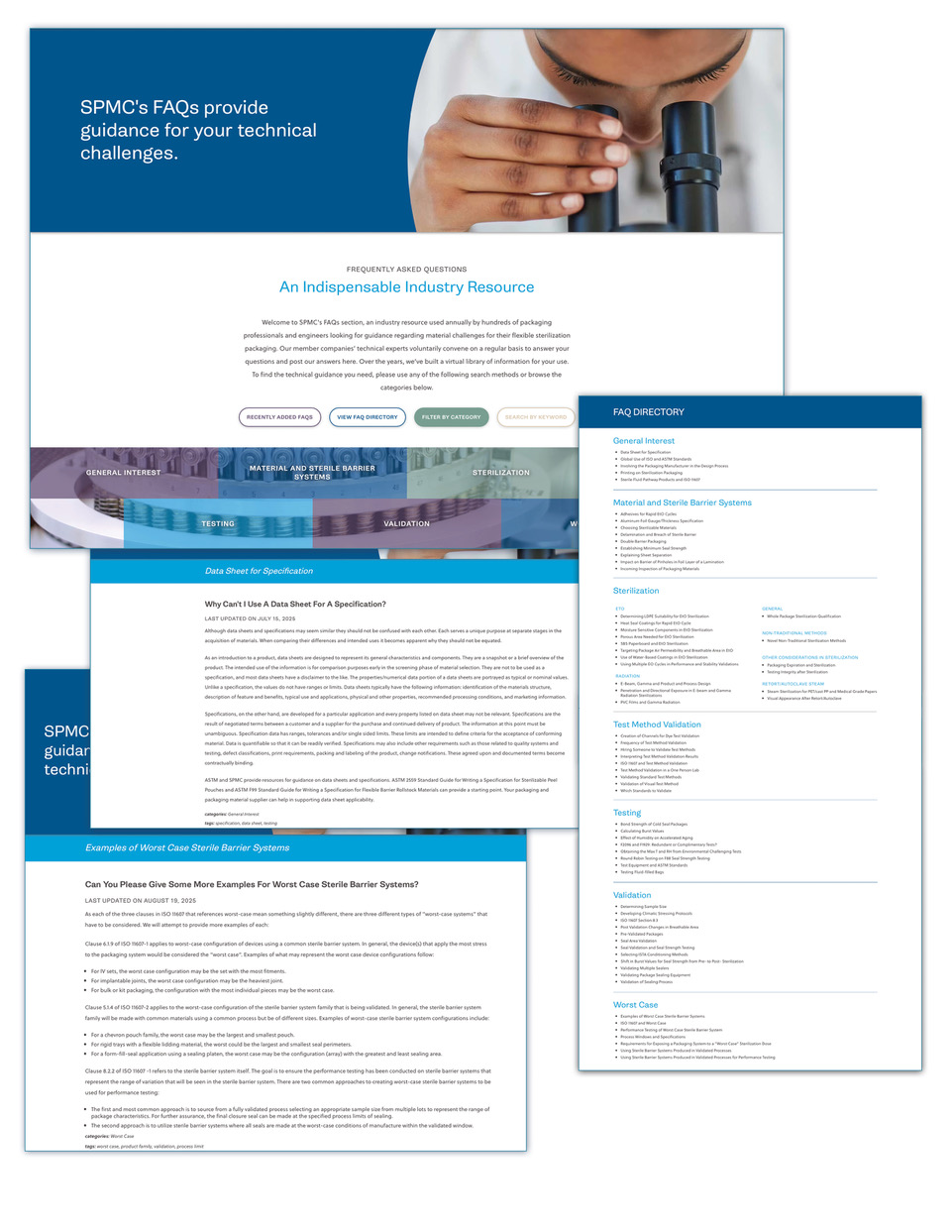 SPMC FAQs webpage showing frequently asked questions directory with sections on material and sterile barrier systems, test method validation, and worst case scenarios
