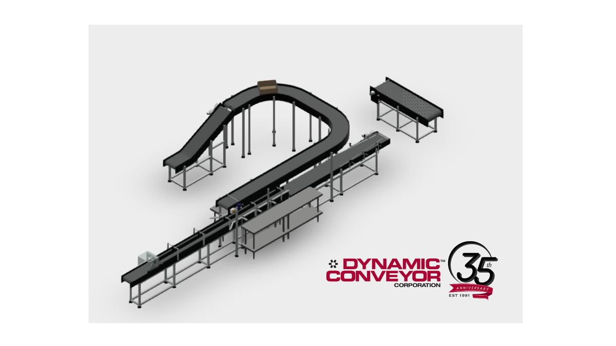 3D technical illustration of industrial conveyor belt systems with curved and straight sections featuring metal framework and support structures