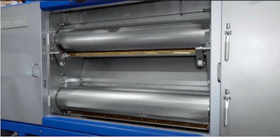 Industrial laminating machine with dual stainless steel rollers and blue base frame