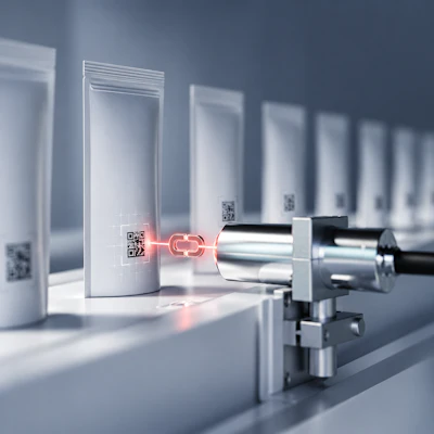 Industrial laser marking device projecting red beam onto cylindrical product with QR code in manufacturing facility