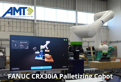 FANUC CRX30iA palletizing cobot with control display in AMT industrial facility