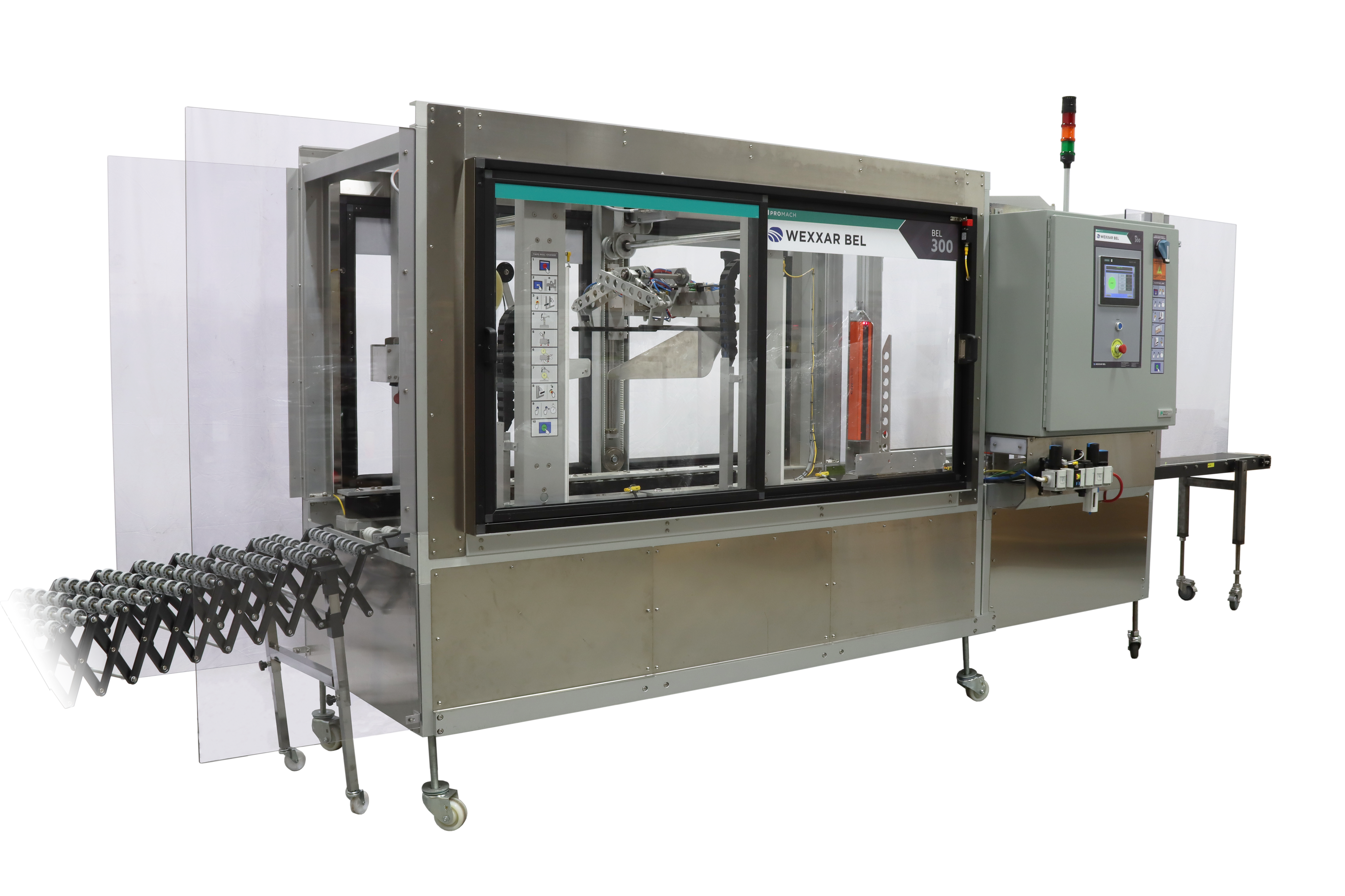 Industrial automated packaging machine with control panels and mechanical components on wheeled base