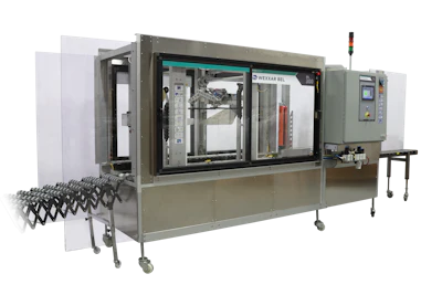 Industrial automated packaging machine with control panels and mechanical components on wheeled base