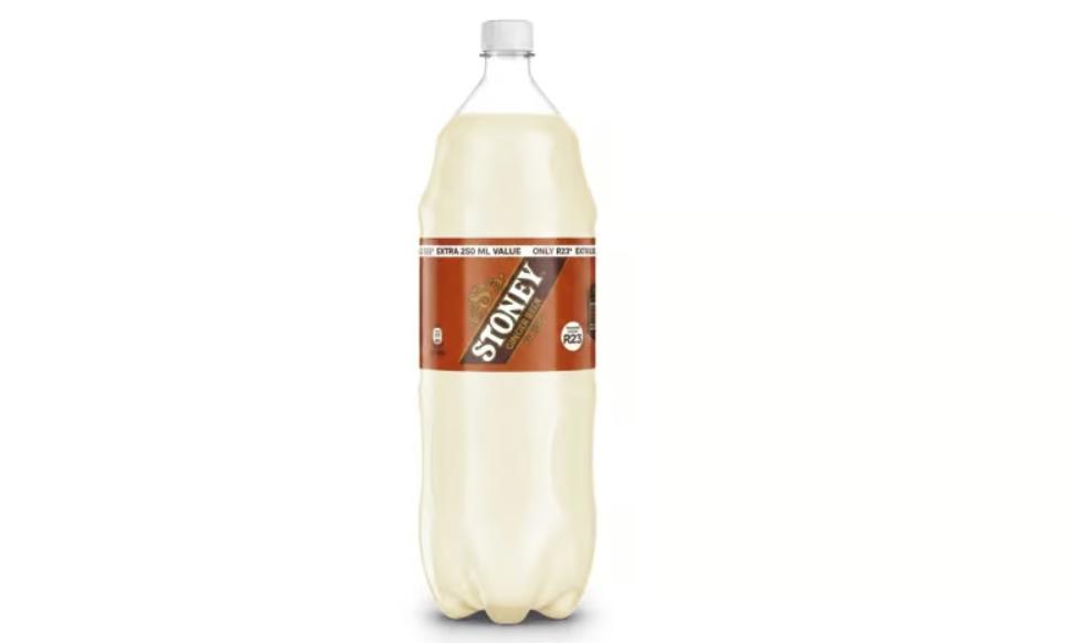 Stoney ginger beer plastic bottle with brown and cream label on white background