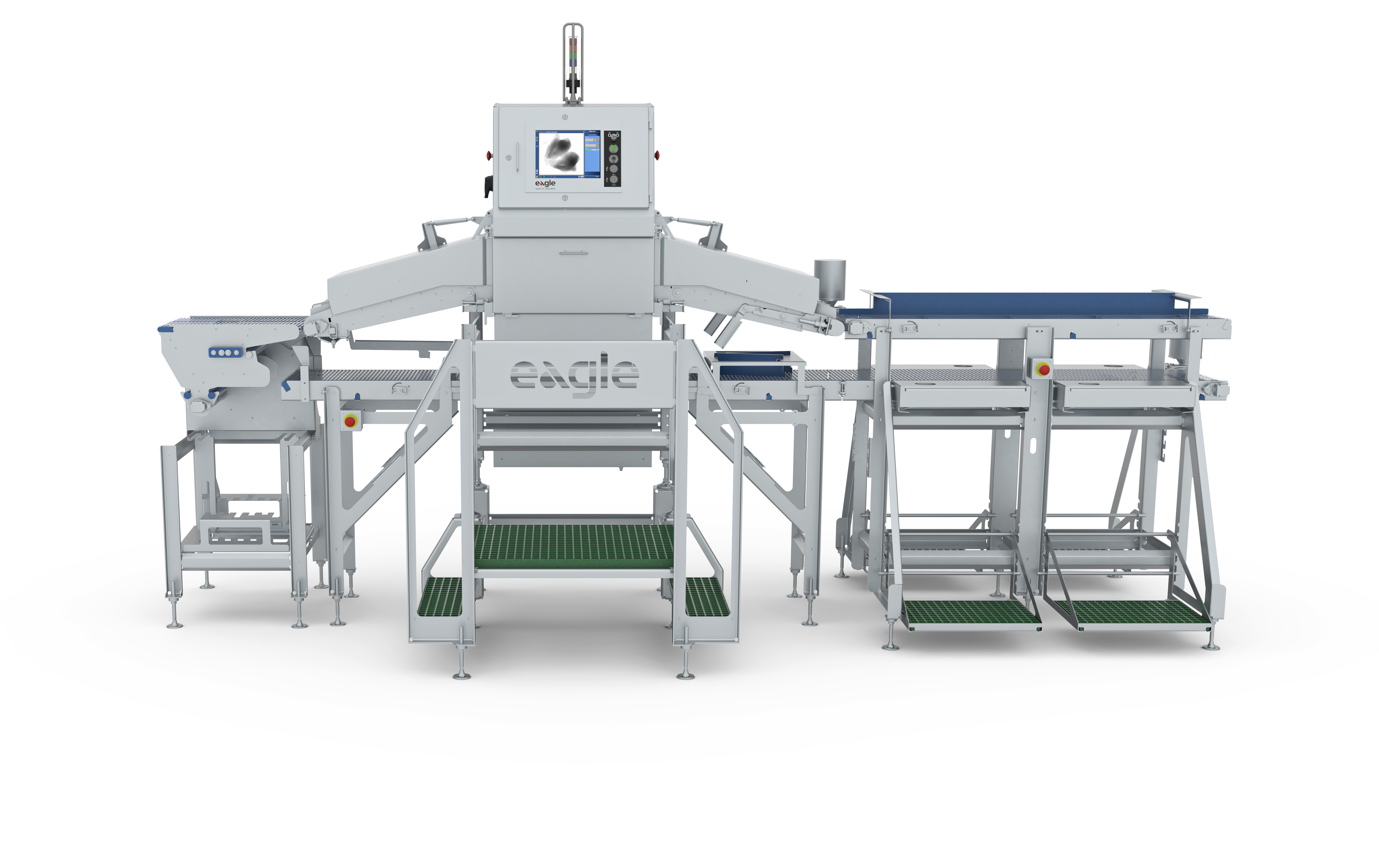 Industrial sorting machine with conveyor system, control panel, and multiple processing stations